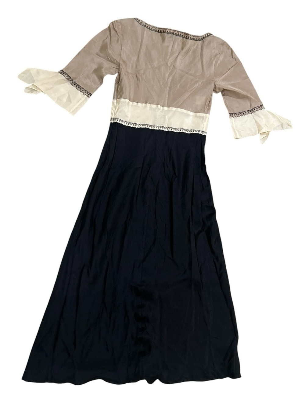 Alberta Ferretti Tan, Ivory & Black 3/4 sleeve fit & flare silk Midi Dress sz 4 - Picture 4 of 9